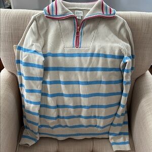 J. Crew Women's Cream and Blue Striped Zip-Up Sweater
